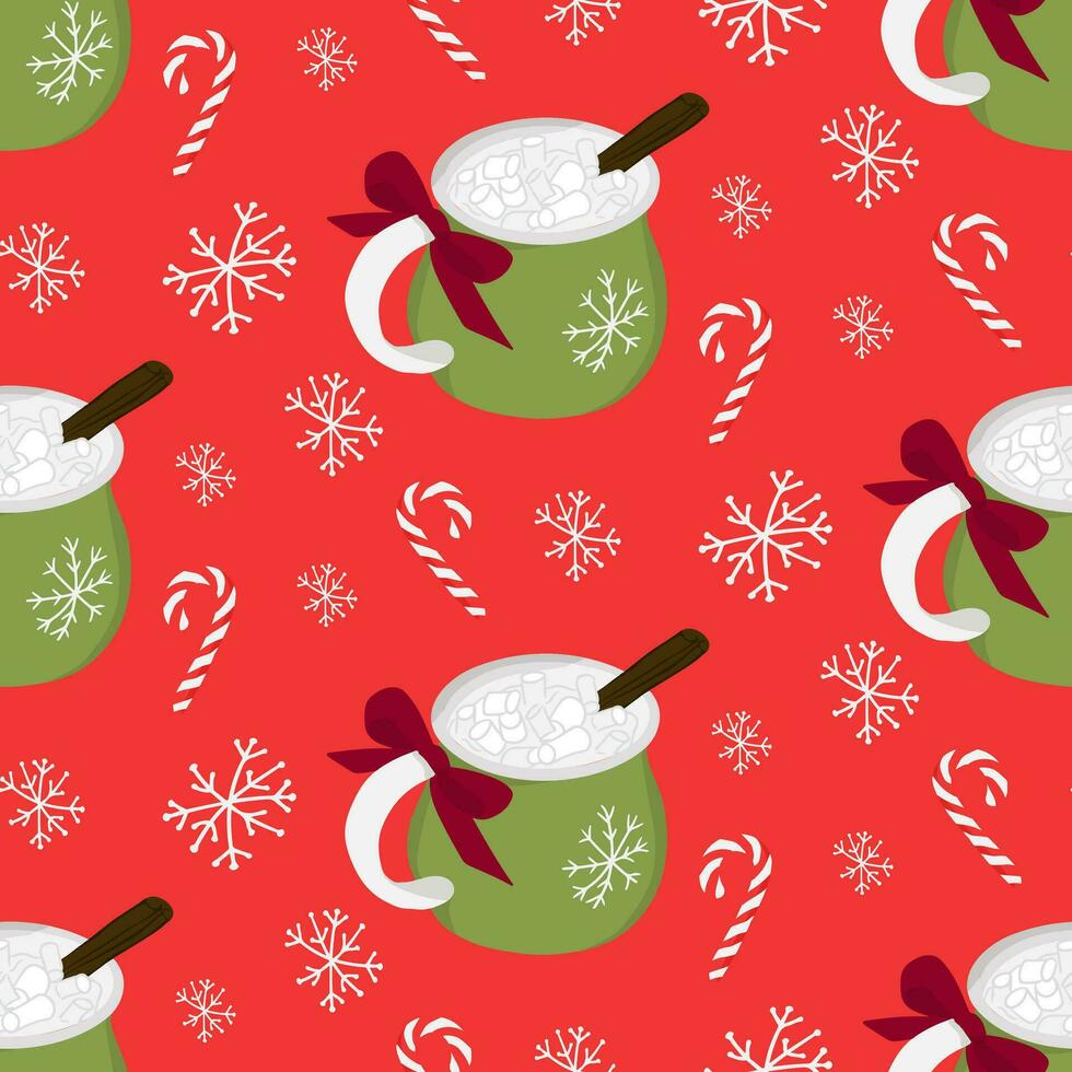Winter hot chocolate mug seamless pattern with marshmallow, cinnamon. Cute childish design on red background. Ideal for decoration, wrapping paper, textile, wallpaper, banner, social media vector