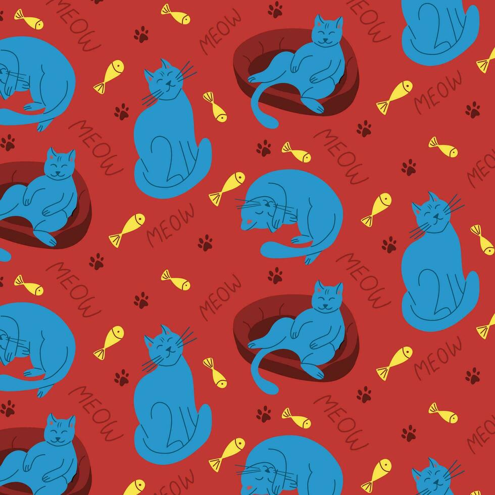 Modern bold puffy cat and fish seamless pattern. Hand drawn lying cats in flat minimalistic style. Trendy kids pattern design for textile, wrapping, decoration vector