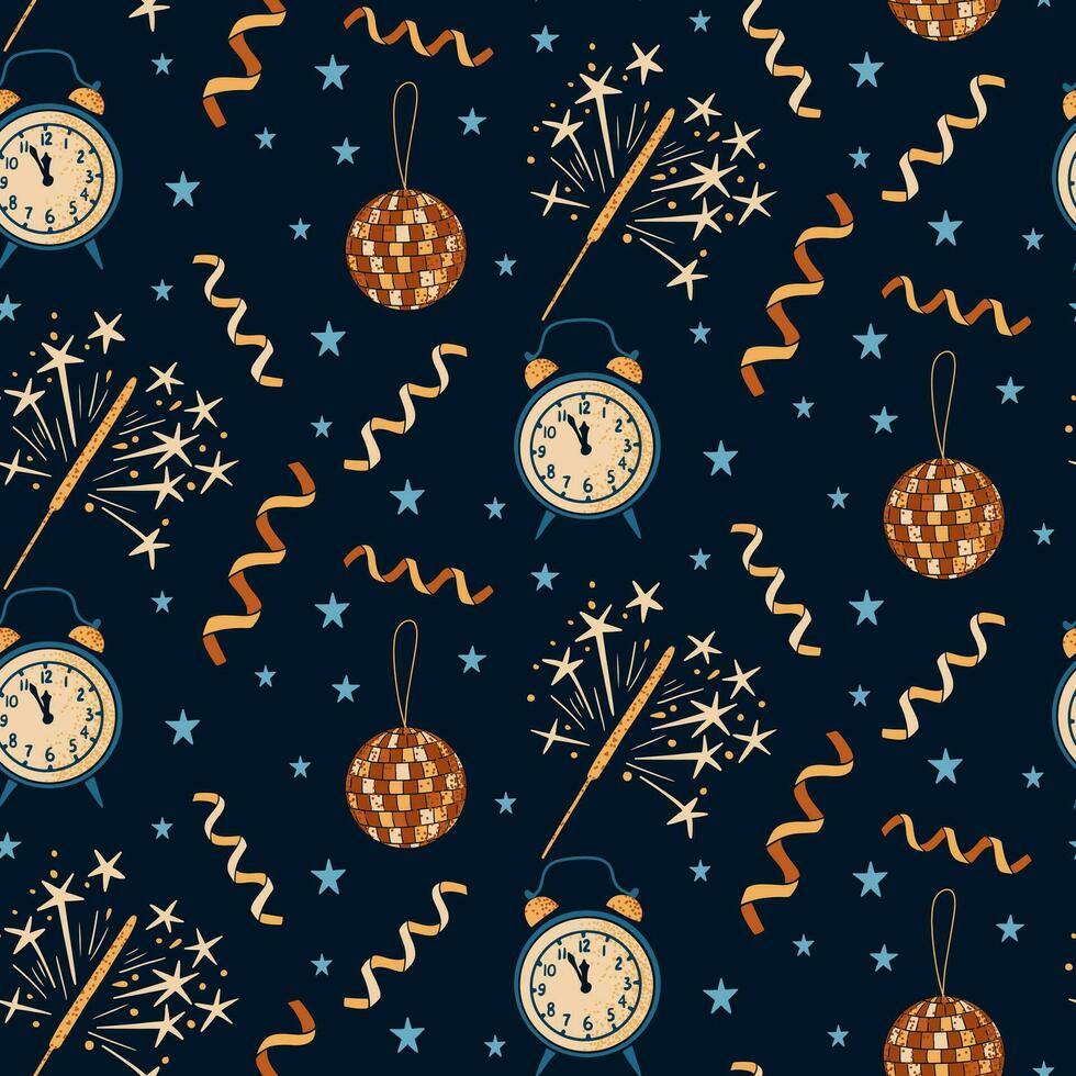 New Year Eve minimalistic hand drawn seamless pattern. Vector related to celebrating New Year items in flat style with dotted texture on dark background. Ideal for background, wrapping paper, textile