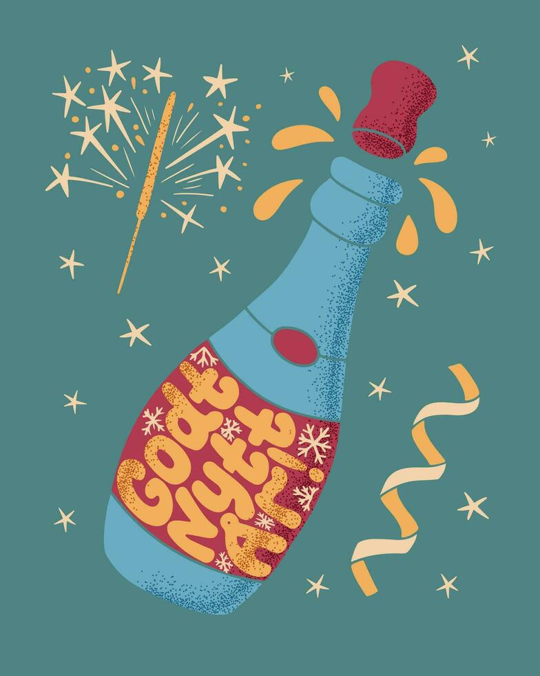 New Year groovy greeting card with hand drawn lettering. Slogan happy New Year in Norwegian language in a shape of champagne bottle. Trendy composition in retro style for posters, shirt print vector