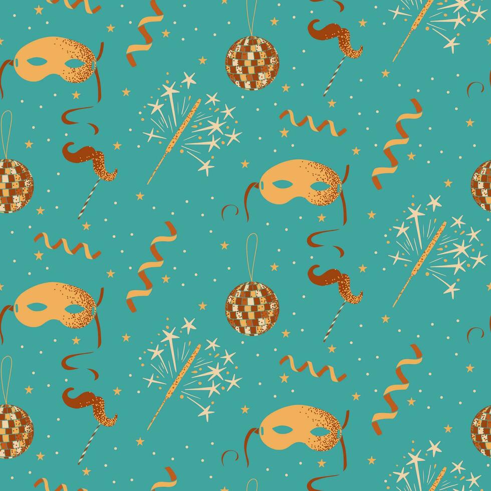 Masquerade minimalistic seamless pattern with related elements. Vector flat hand drawn items with dotted texture on light green background. Good for background, wrapping paper, textile