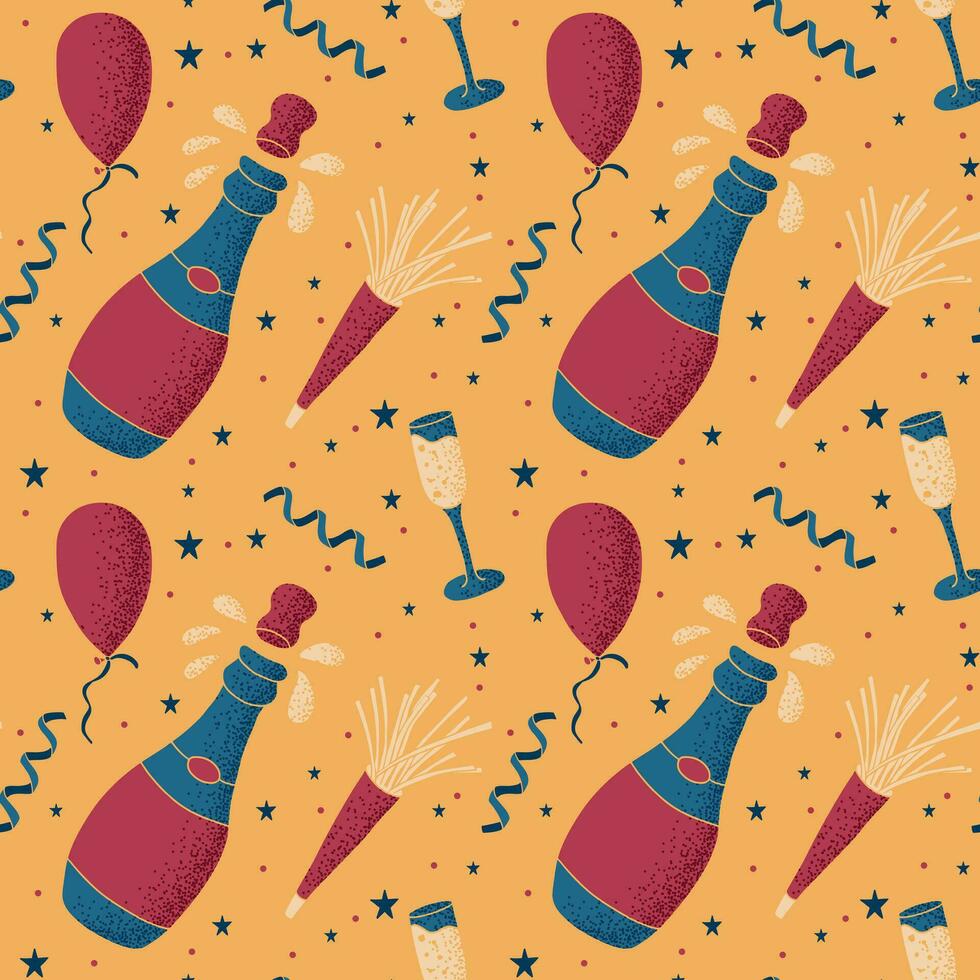 Celebrating pattern in flat minimalistic style. Hand drawn new year, anniversary or birthday party elements in flat style with dotted texture on yellow background for background, wrapping, textile vector