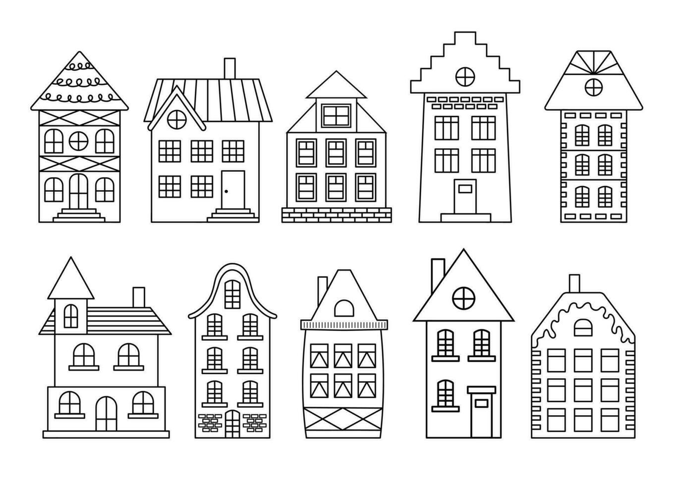 linda escandinavo garabatear casas colocar. holandés canal lineal casas tradicional arquitectura de Países Bajos, Bélgica y Amsterdam. vector