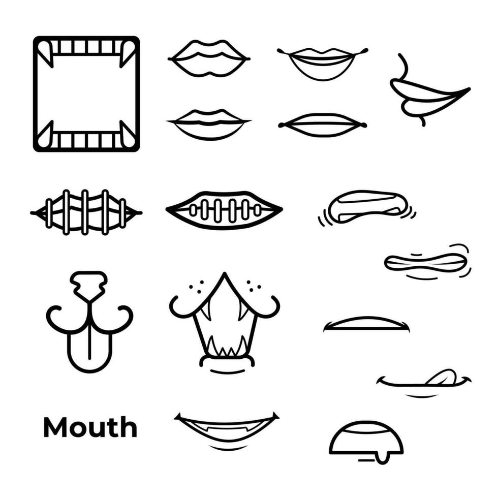 Mouth with various shape and theme vector icon collection set illustration outline isolated on square white background. Simple flat monochrome black and white cartoon art styled drawing.