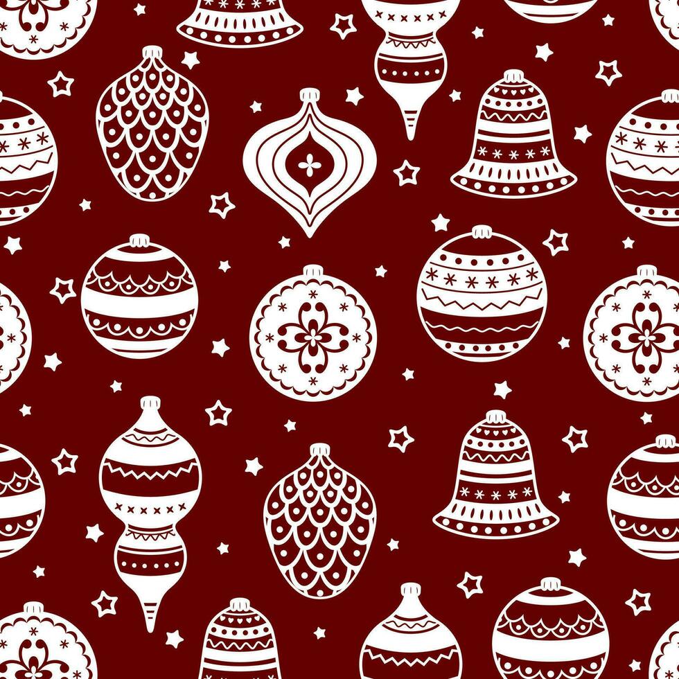 Hand drawn seamless pattern with cute hand drawn Christmas tree decorations, baubles. Perfect for holiday invitations, winter greeting cards, wallpaper and gift paper vector