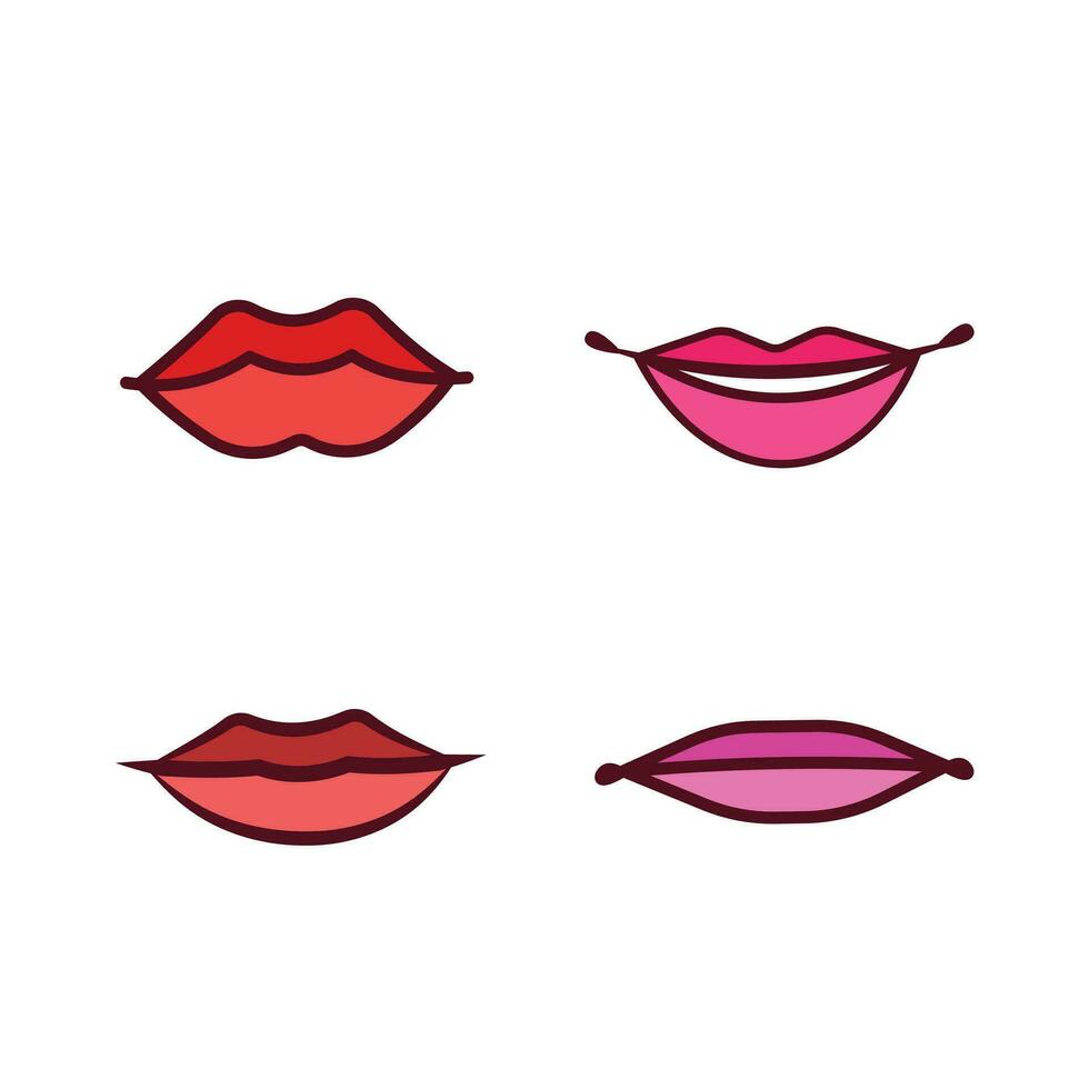Four women lips with different lipstick or lip cream colors from red, pink, and brown shade. Vector icon isolated on square white background. Simple flat cartoon art styled drawing.
