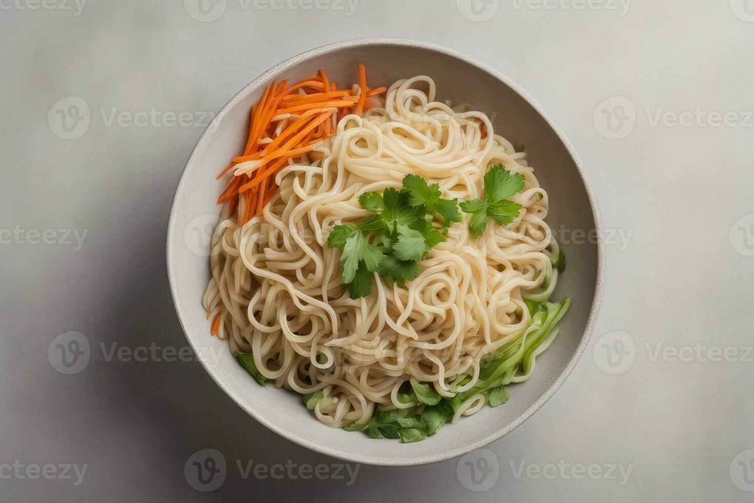 Fresh and Delicious Noodle Bowl with Fried Egg and Vegetables by AI Generative photo