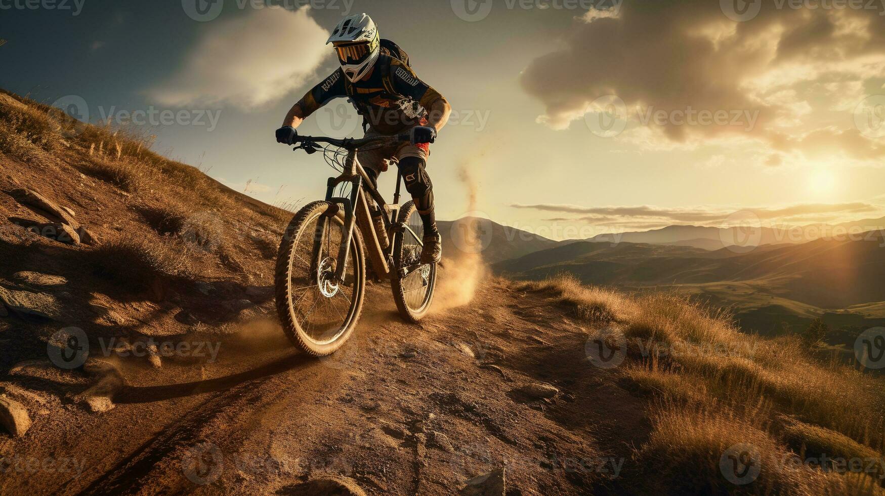 Generative AI, Mountain biking man riding on bike in mountains forest landscape, cyclist photo