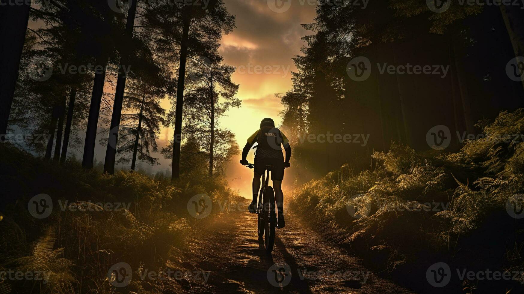 Generative AI, Mountain biking man riding on bike in mountains forest landscape, cyclist photo