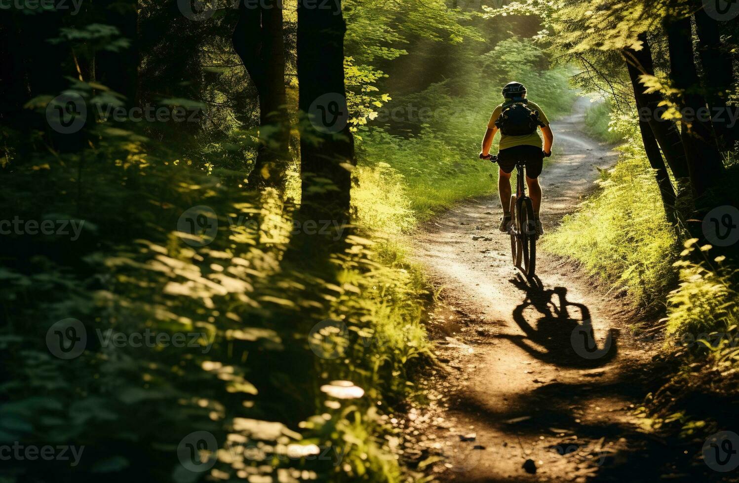 Generative AI, Mountain biking man riding on bike in mountains forest landscape, cyclist photo