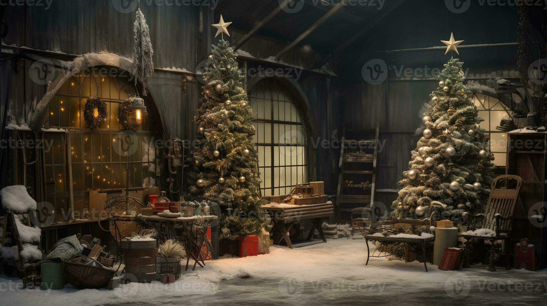 Generative AI, Christmas interior rural background, Santa Claus rustic workshop photo