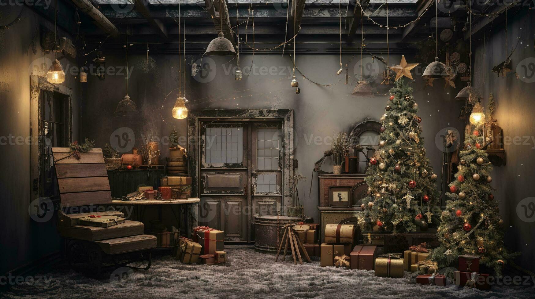 Generative AI, Christmas interior rural background, Santa Claus rustic workshop photo