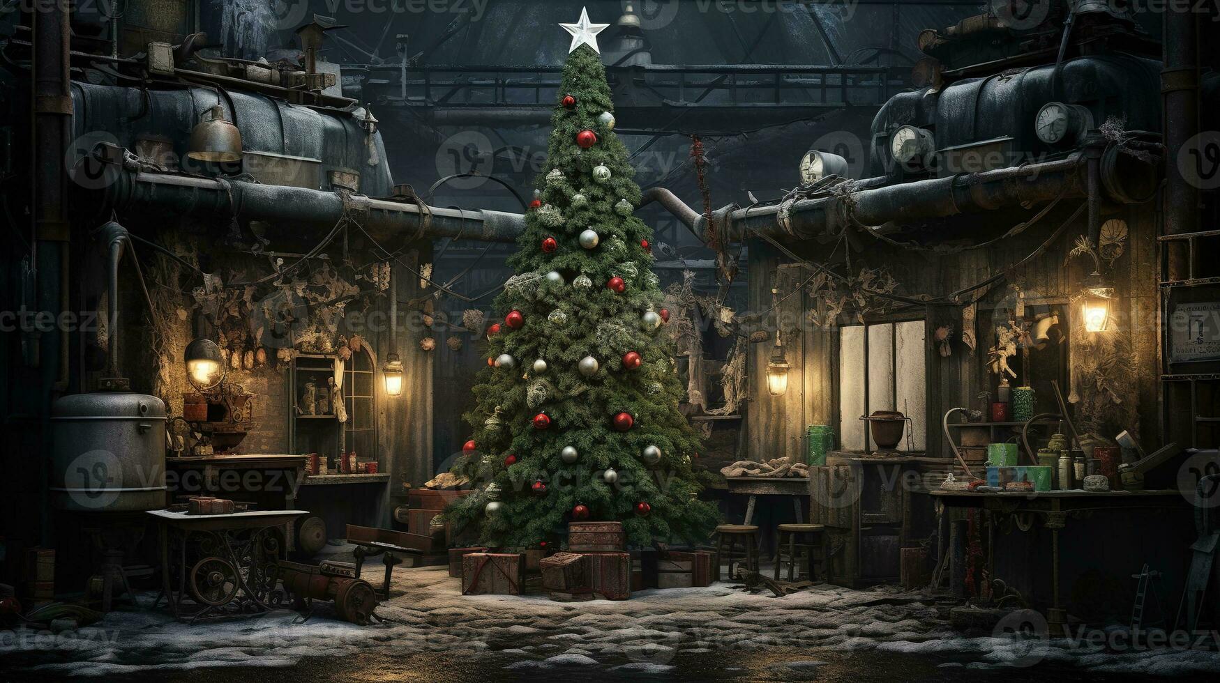 Generative AI, Christmas interior rural background, Santa Claus rustic workshop photo
