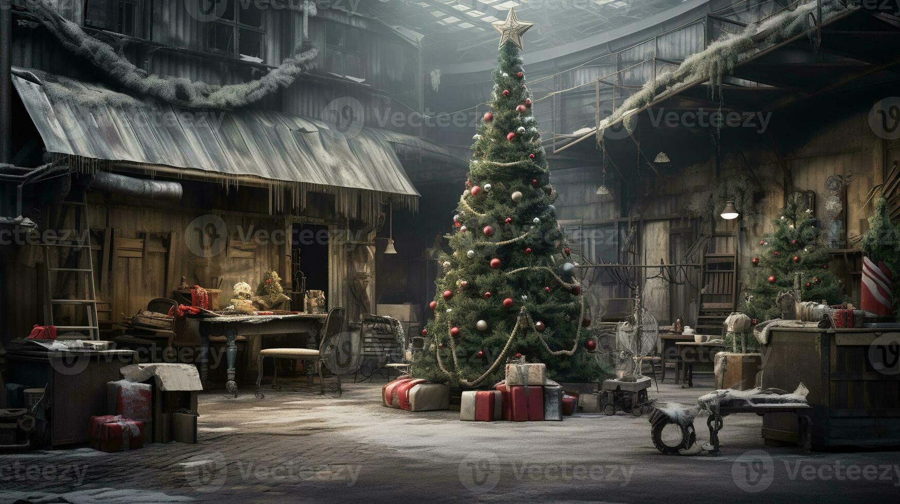 Generative AI, Christmas interior rural background, Santa Claus rustic workshop photo