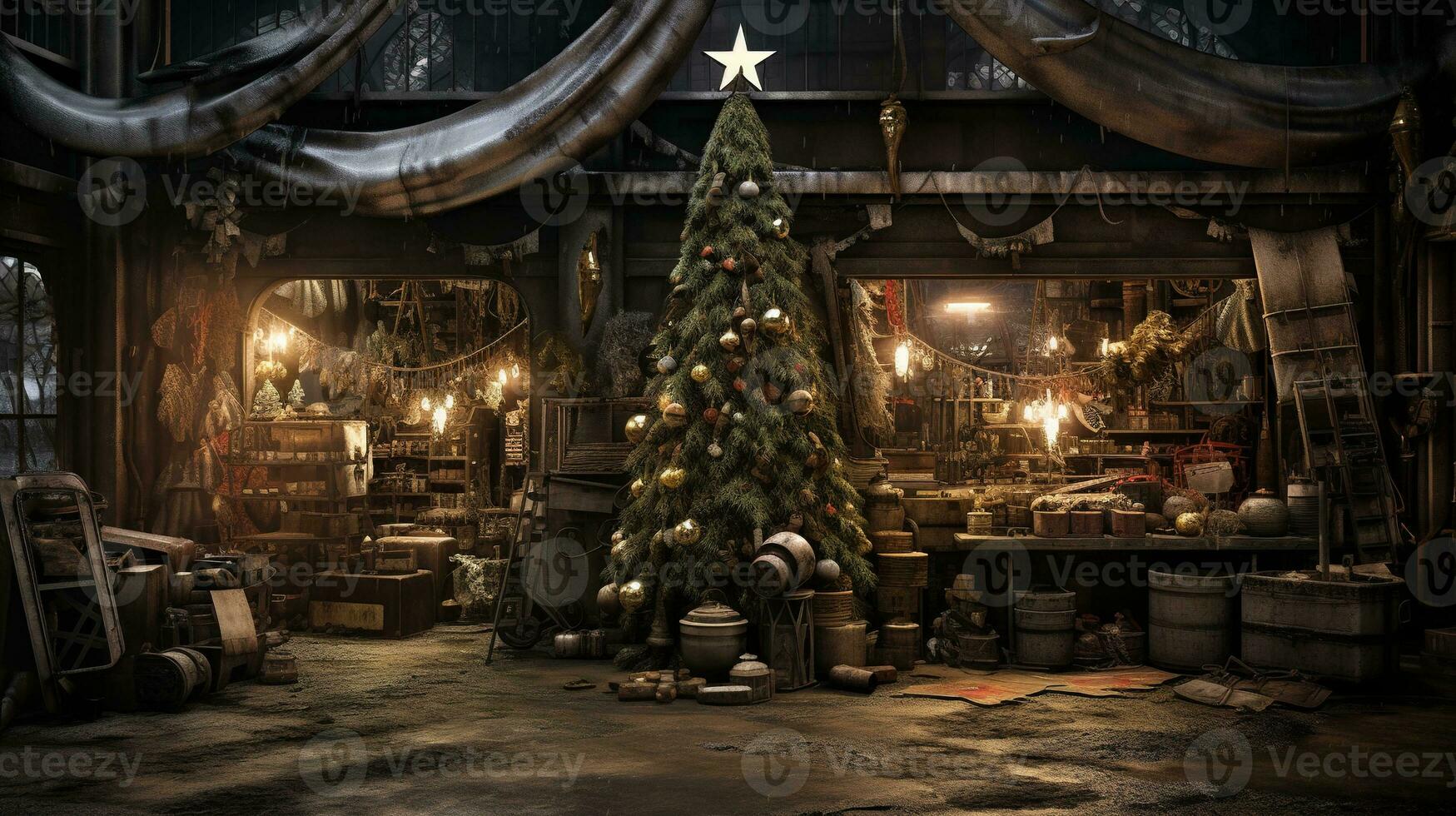 Generative AI, Christmas interior rural background, Santa Claus rustic workshop photo