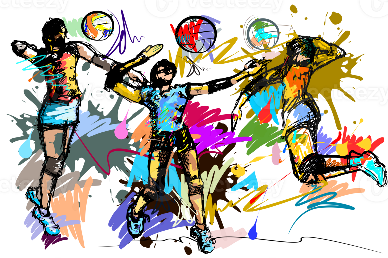 Team lady volleyball hit over net sport art and brush  strokes style png