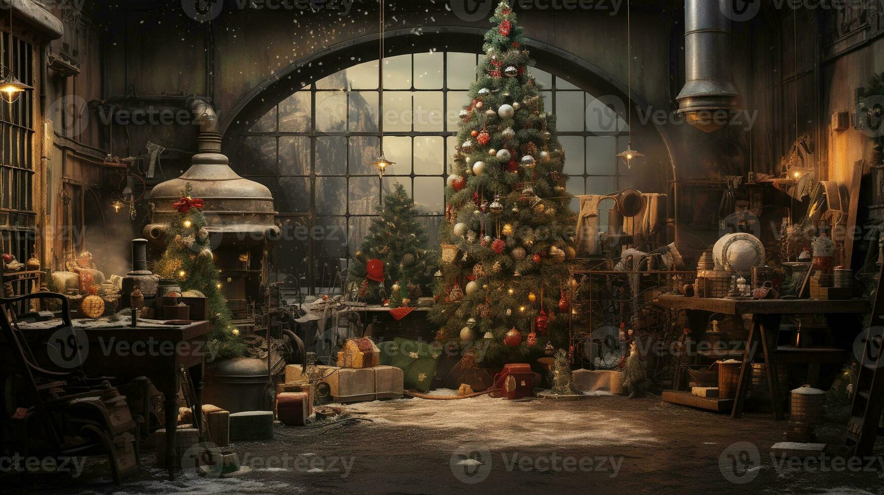 Generative AI, Christmas interior rural background, Santa Claus rustic workshop photo