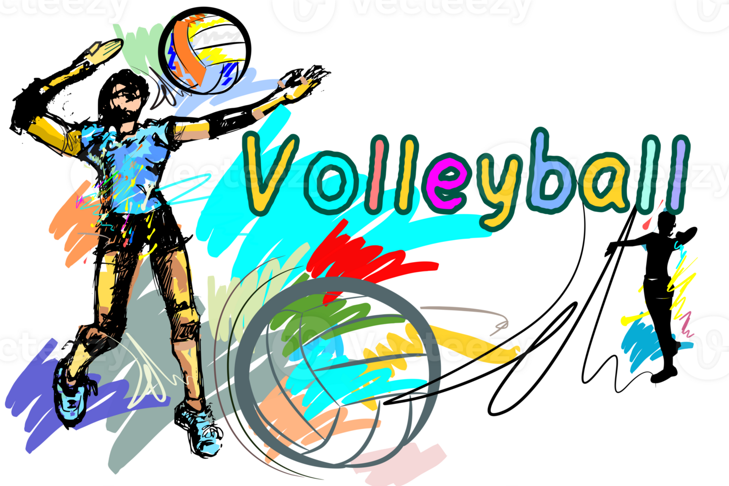 lady action hit volleyball and brush strokes style sketch ink. png