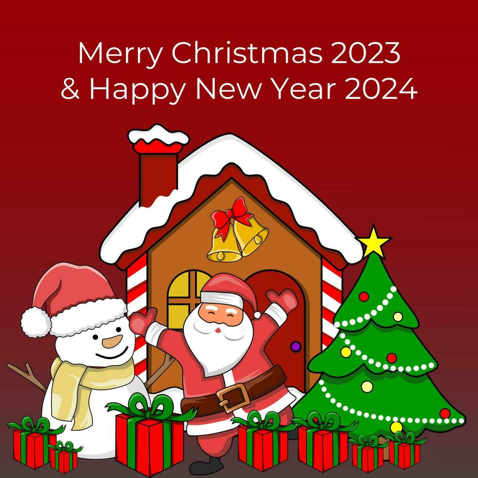 merry Christmas and Happy new year, greeting card, santa and snowman vector