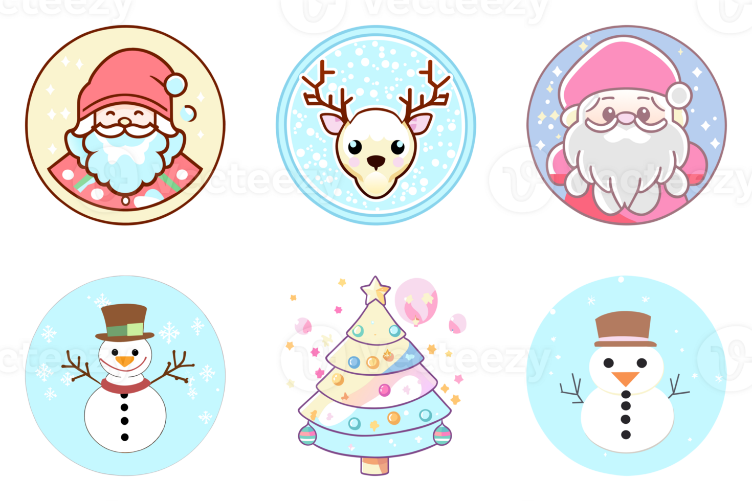 Christmas Tree set Santa Claus Snowman and Reindeer on circle frame AI Generative png