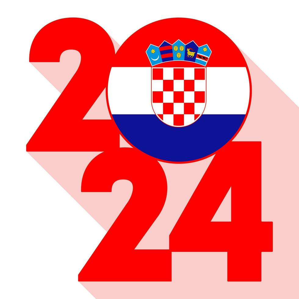 Happy New Year 2024, long shadow banner with Croatia flag inside. Vector illustration.