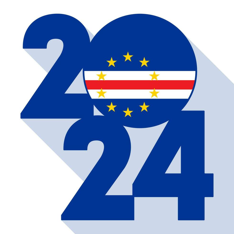 Happy New Year 2024, long shadow banner with Cape Verde flag inside. Vector illustration.