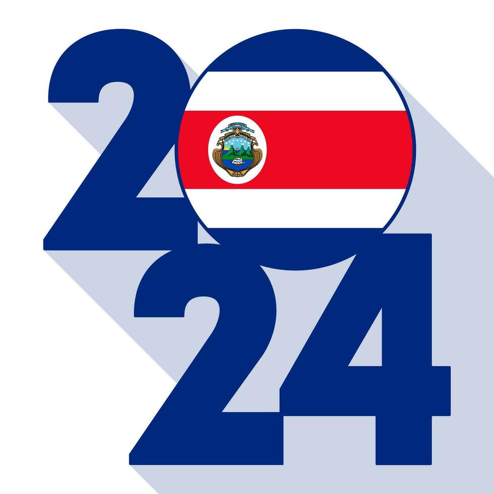 Happy New Year 2024, long shadow banner with Costa Rica flag inside. Vector illustration.