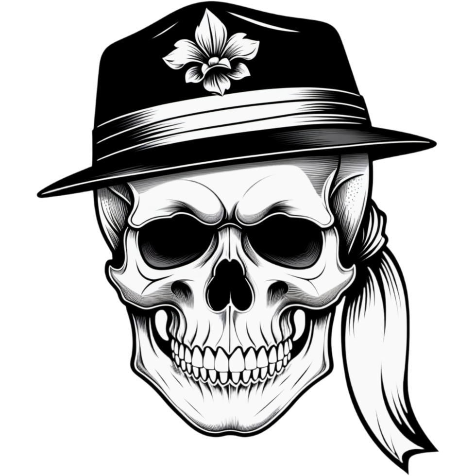 Realistic mafia skull head wearing hat shirt design. AI Generative png