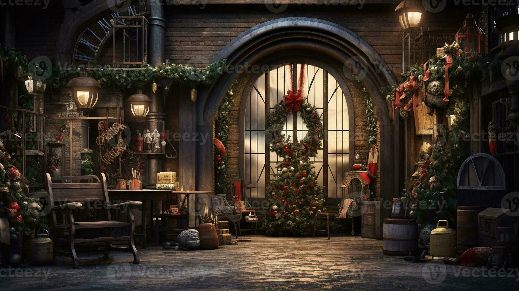 Generative AI, Christmas interior rural background, Santa Claus rustic workshop photo