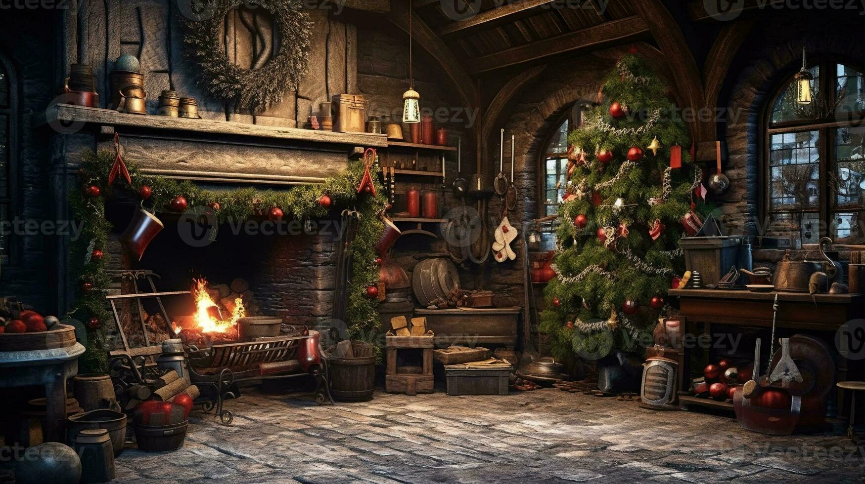 Generative AI, Christmas interior rural background, Santa Claus rustic workshop photo