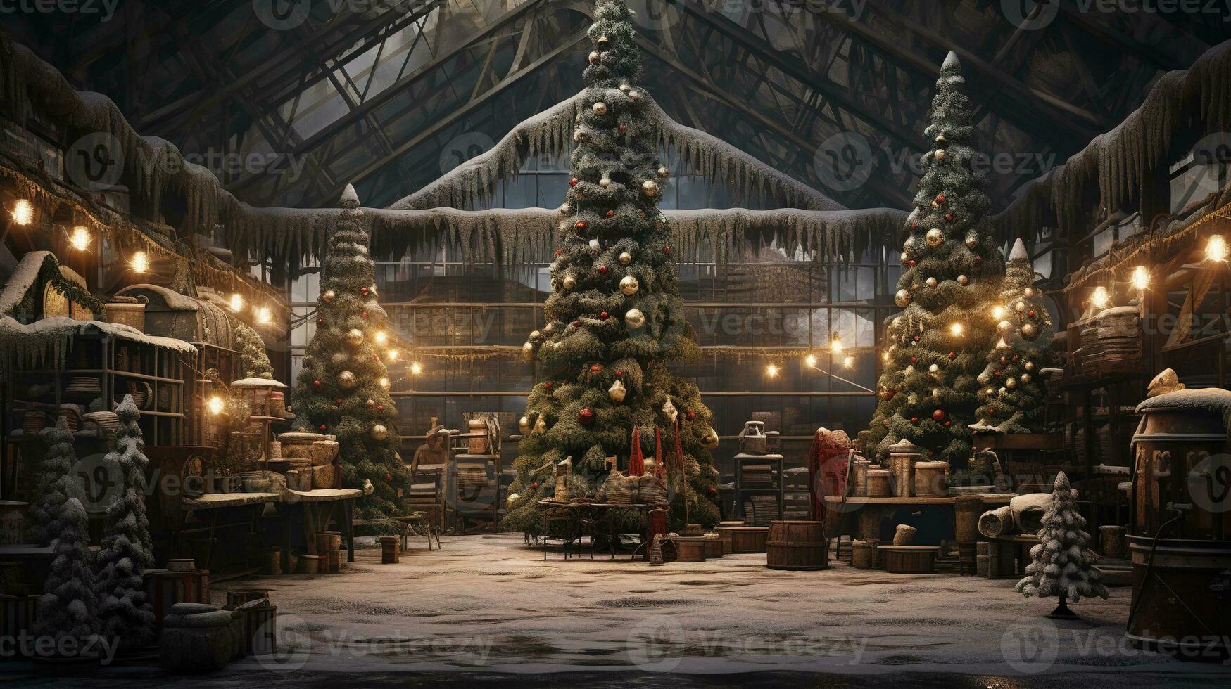 Generative AI, Christmas interior rural background, Santa Claus rustic workshop photo