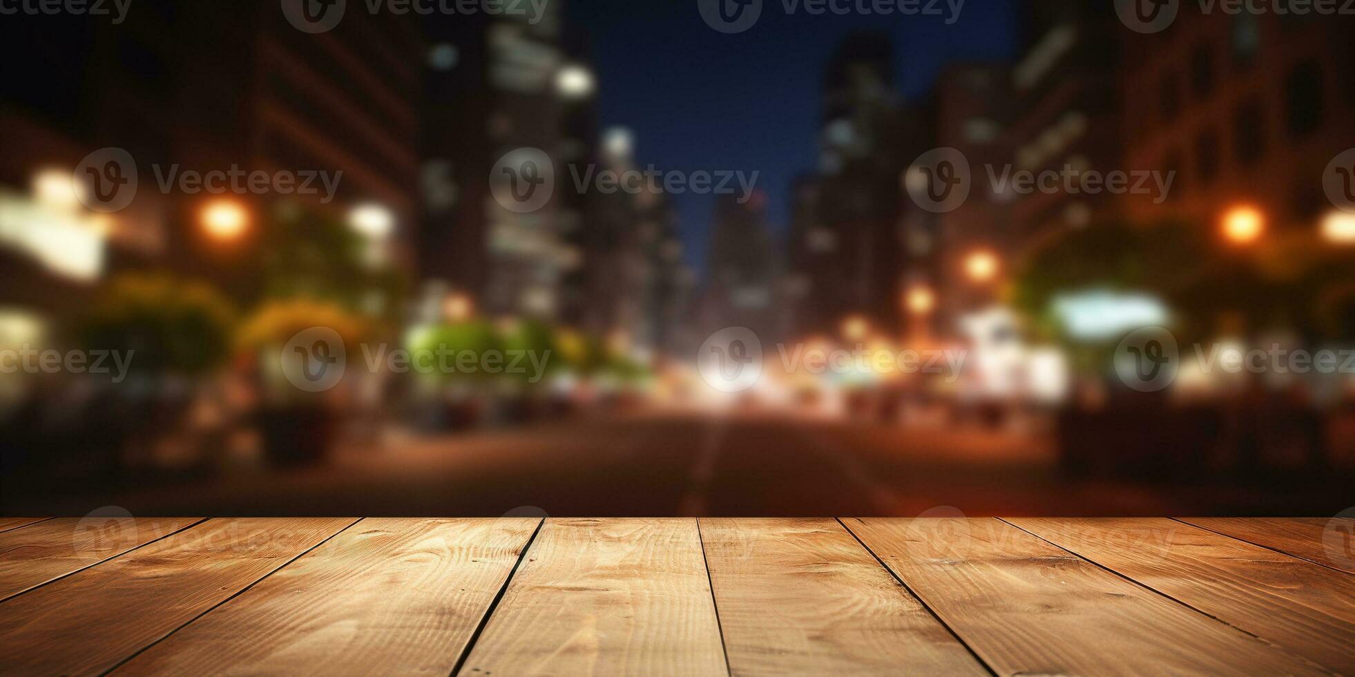 Generative AI, Empty wooden table top with blur background of a busy street, big city photo