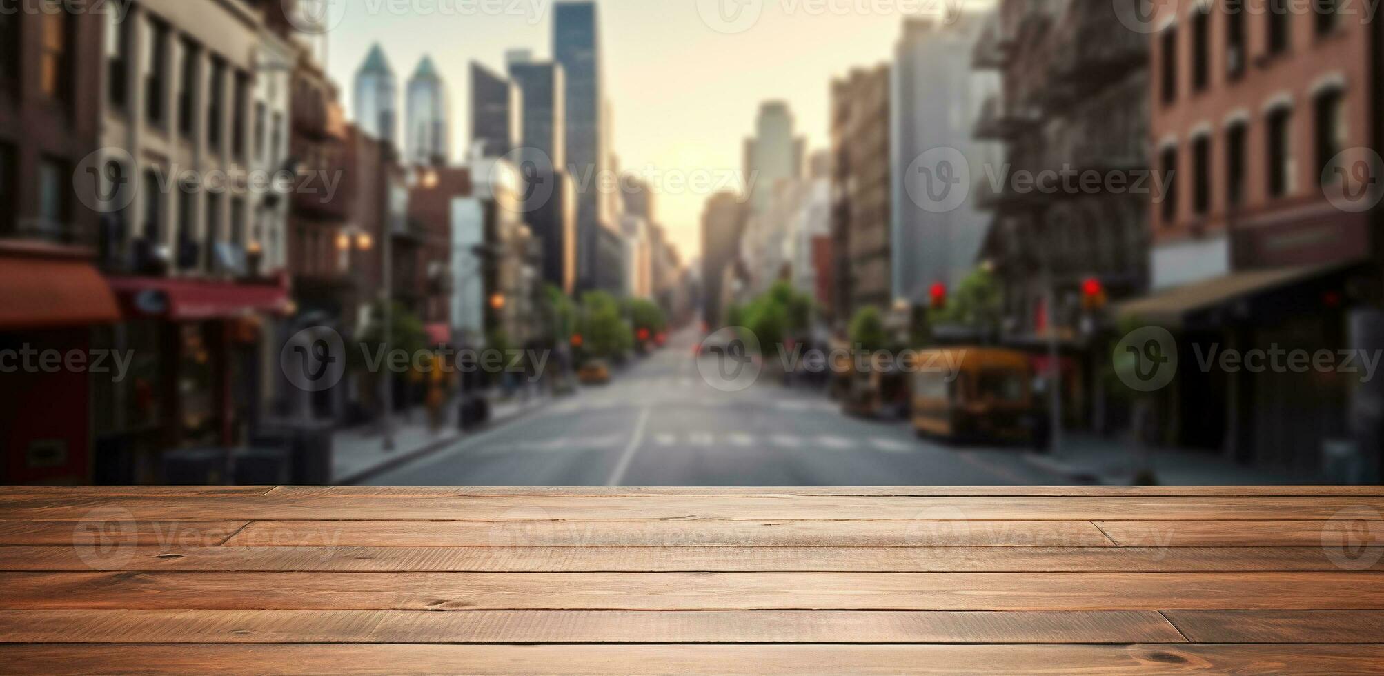 Generative AI, Empty wooden table top with blur background of a busy street, big city photo