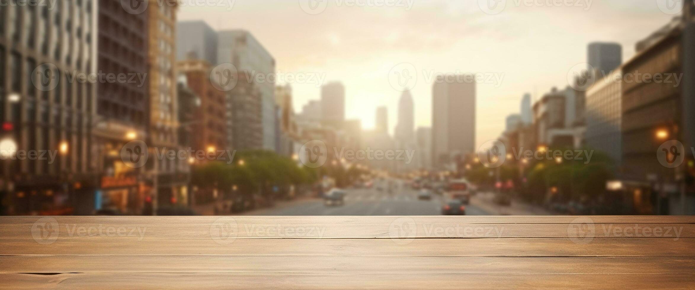 Generative AI, Empty wooden table top with blur background of a busy street, big city photo