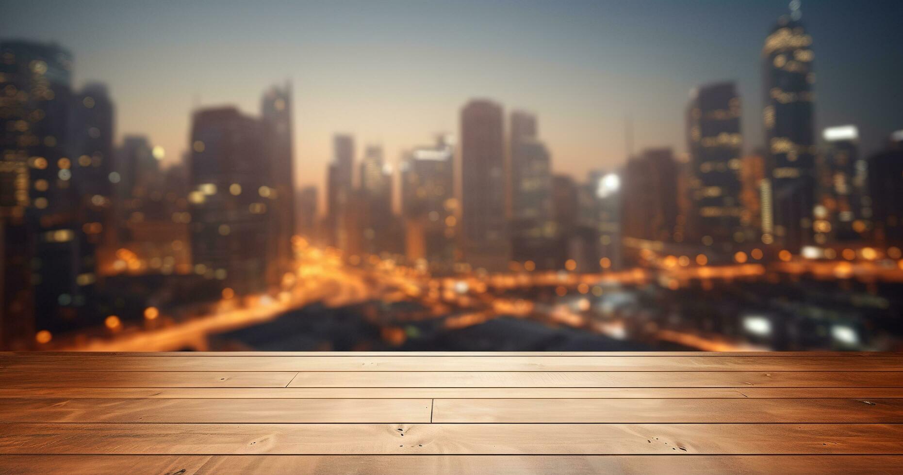 Generative AI, Empty wooden table top with blur background of a busy street, big city photo