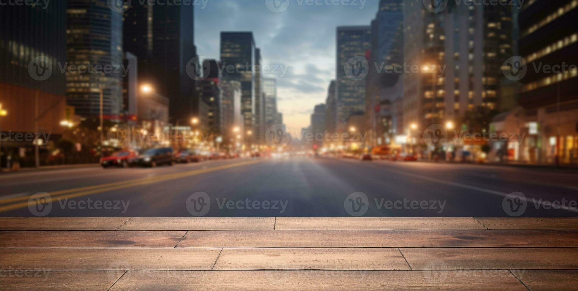 Generative AI, Empty wooden table top with blur background of a busy street, big city photo