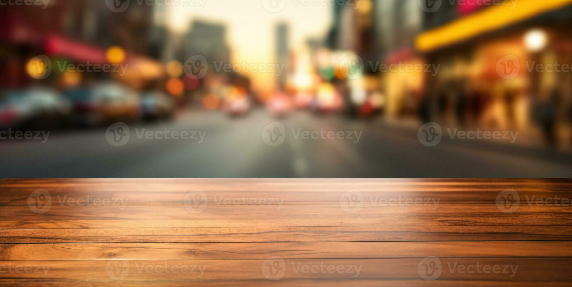 Generative AI, Empty wooden table top with blur background of a busy street, big city photo