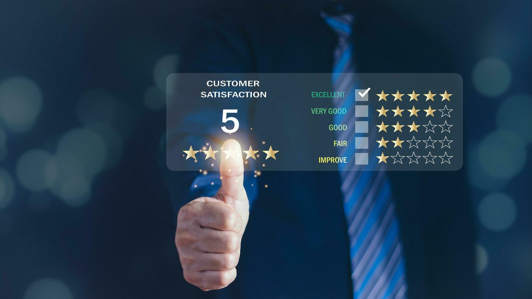 Close up of man customer giving a five star rating on smartphone. Review, Service rating, satisfaction, Customer service experience and satisfaction survey concept photo