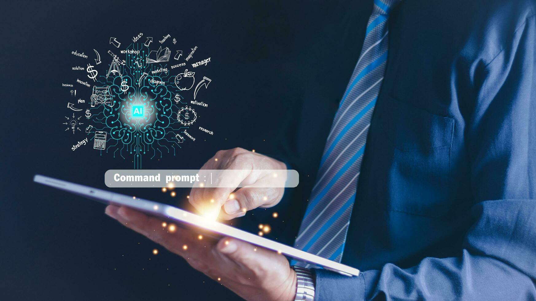 Ai tech, businessman show virtual graphic Global Internet connect Chat with AI, Artificial Intelligence. using command prompt for generates something, Futuristic technology transformation. photo