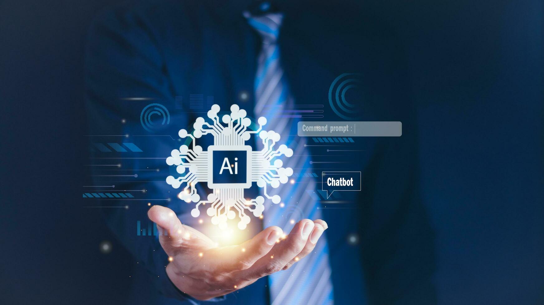 Ai tech, businessman show virtual graphic Global Internet connect Chat with AI, Artificial Intelligence. using command prompt for generates something, Futuristic technology transformation. photo