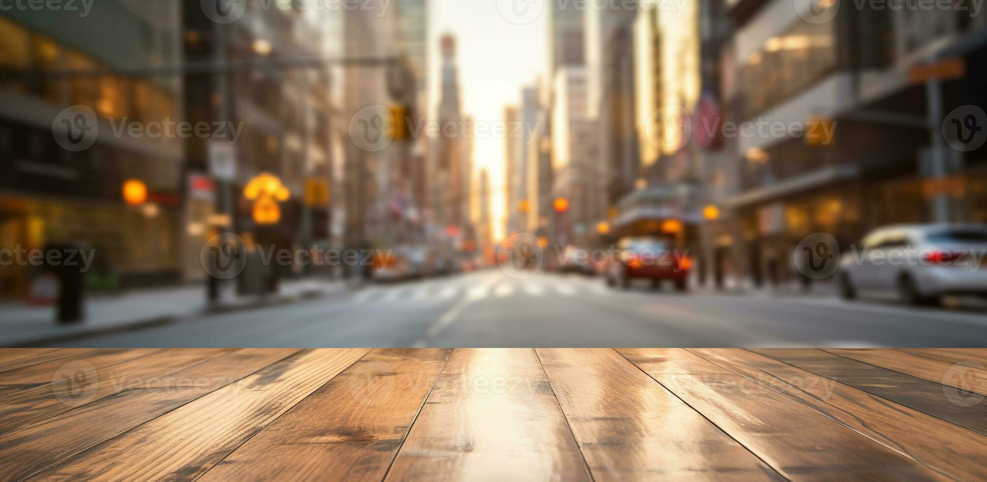 Generative AI, Empty wooden table top with blur background of a busy street, big city photo