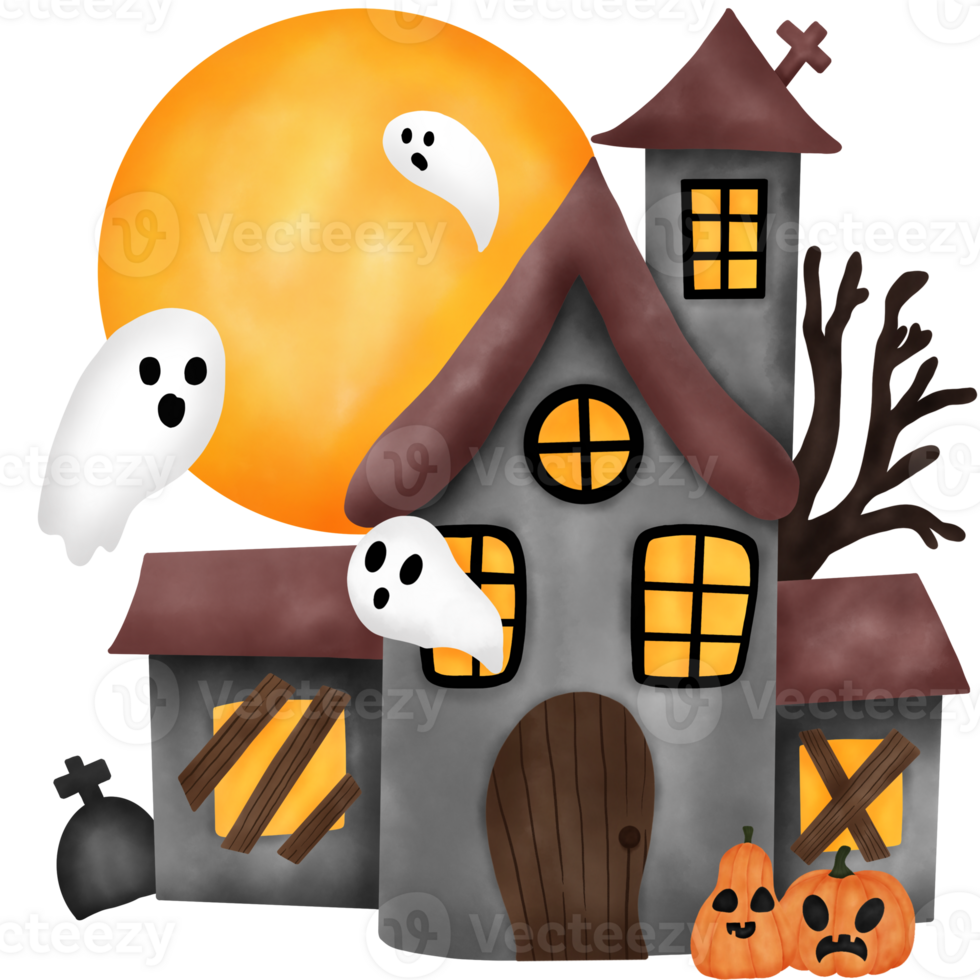 Watercolor Haunted House Illustration. Halloween Concept. png
