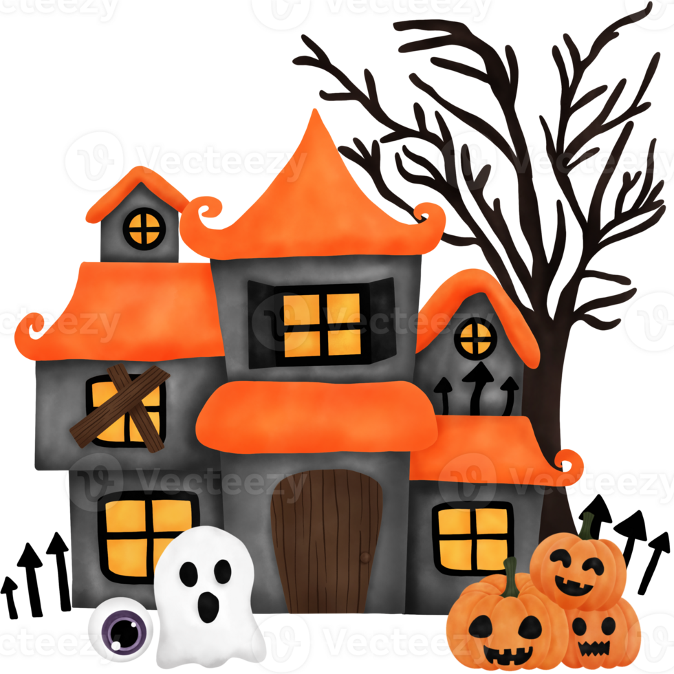 Watercolor Haunted House Illustration. Halloween Concept. png