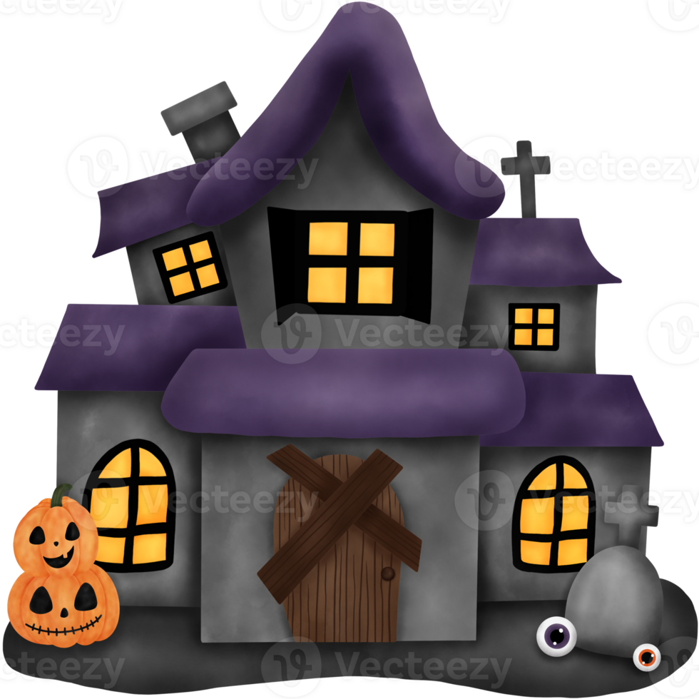 Watercolor Haunted House Illustration. Halloween Concept. png