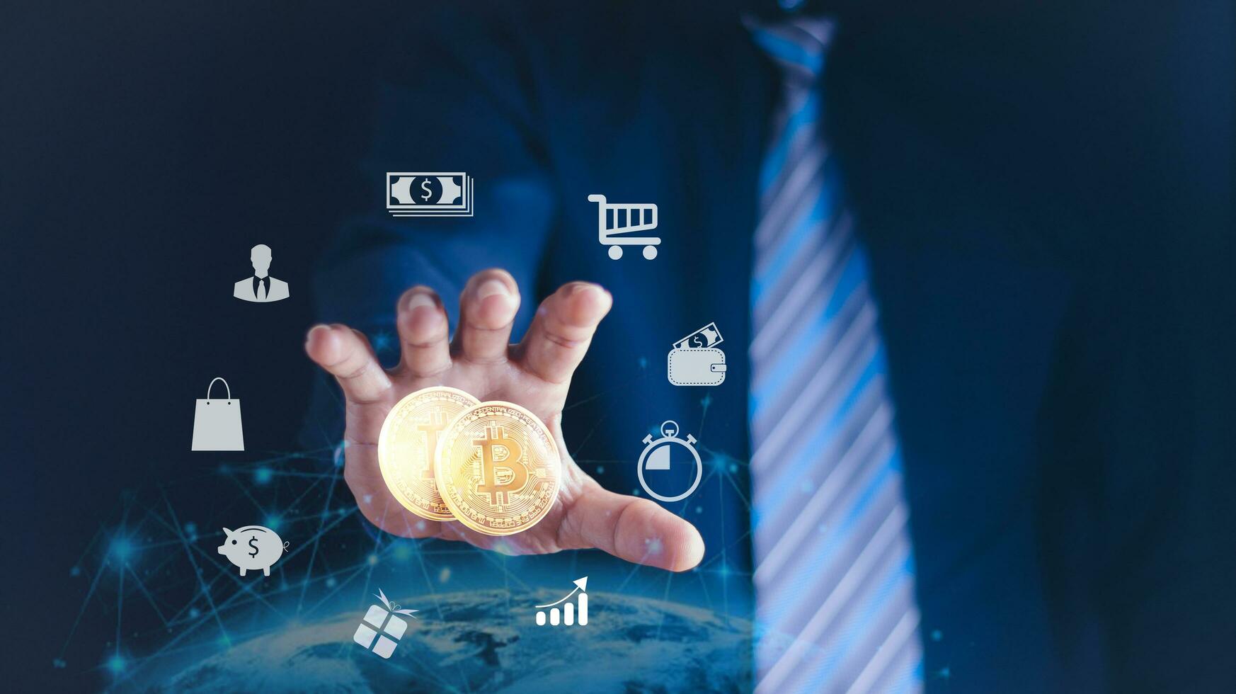 Business and finance, saving, investing with digital assets The future of finance   Bitcoin, spending with digital money for transactions in the online world, digital money. photo