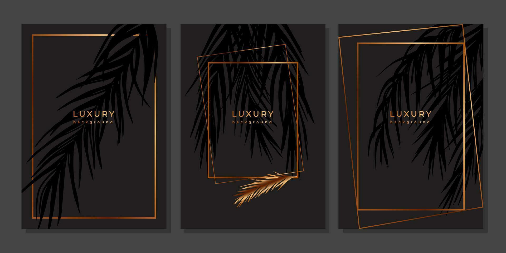 Set of luxury gold templates with tropical plants and frames. Golden palm leaves, branches, geometric elements. Poster with exotic leaf on black background vector