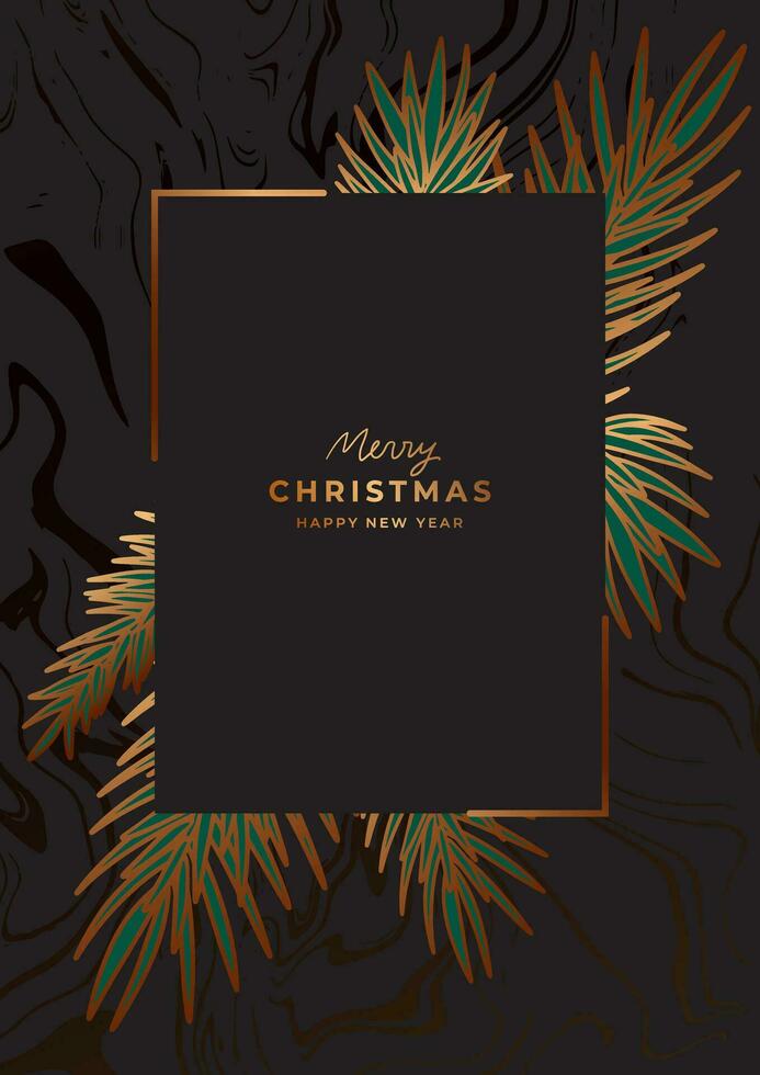 Luxury golden Christmas poster template. Gold christmas tree, pine branches. Fancy New Year black background with marble texture vector