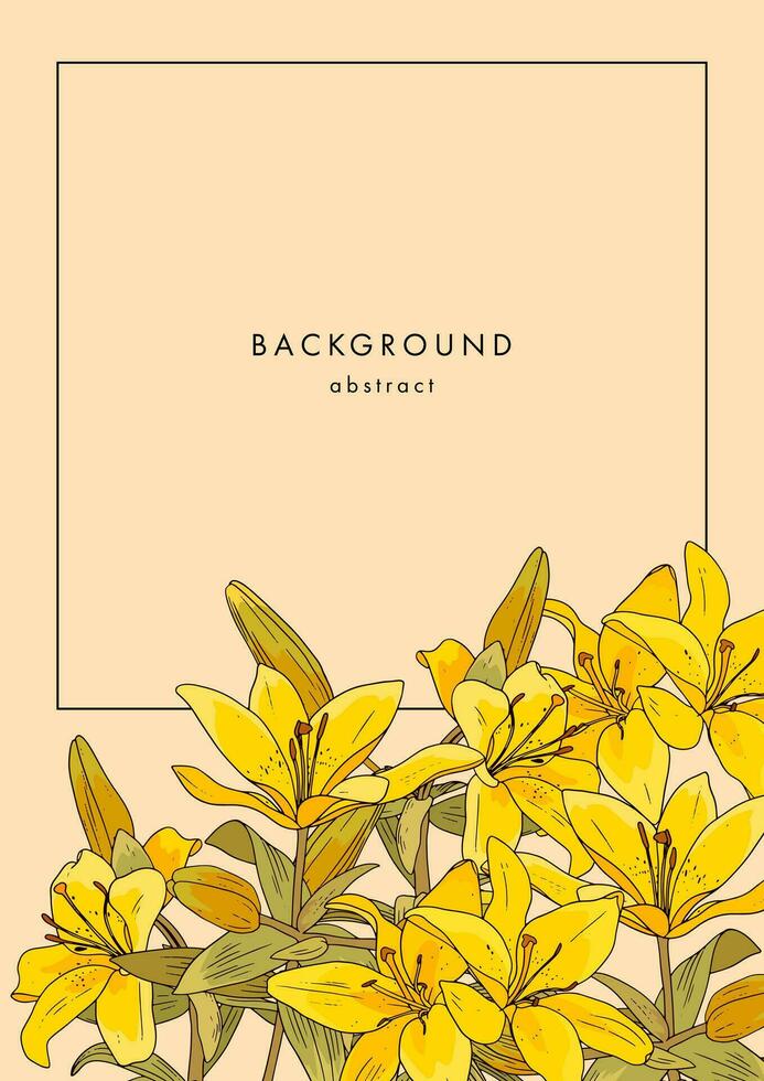 Floral template with yellow lilies on beige background. Vertical poster with vintage lily flower vector