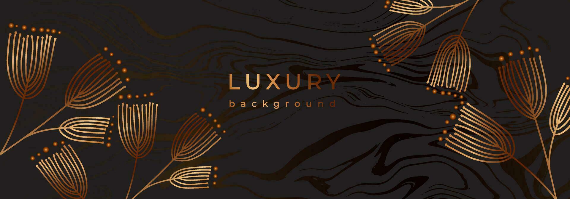 Luxury botanical banner with golden line flowers. Linear branches on marble black background. Bronze color plant. vector