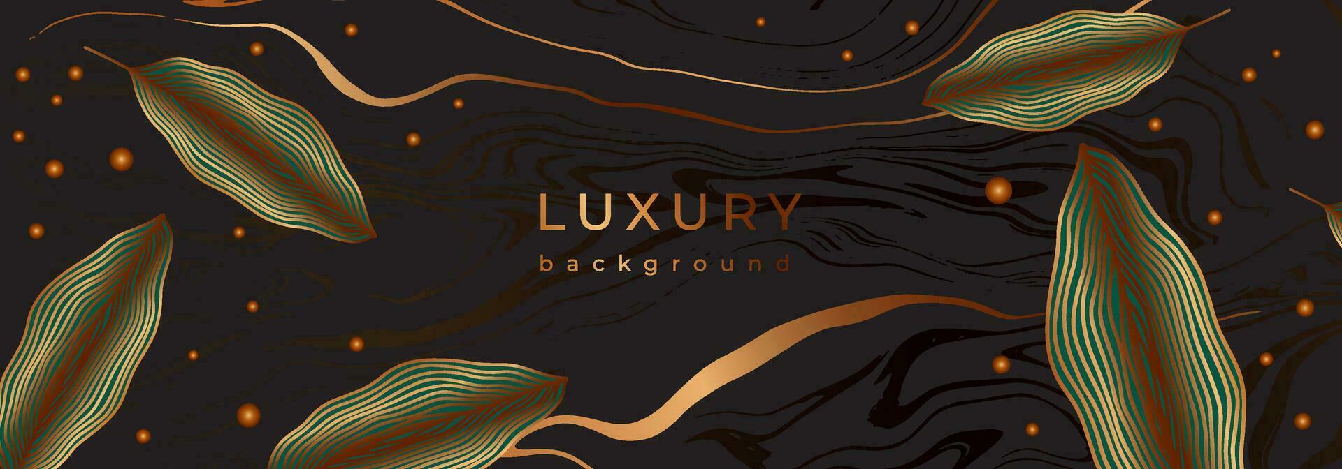 Luxury botanical banner with golden leaves. Linear branches on marble black background. Bronze color tree with leaf with veins. Magic night, glitter, shiny sky, fall, falling leaves vector